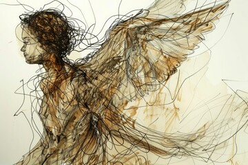 A detailed drawing of a woman with wings. Suitable for fantasy themed projects