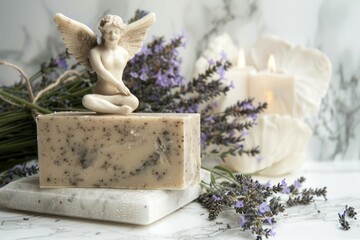 A soap bar resting on a marble block. Suitable for bathroom or spa concepts