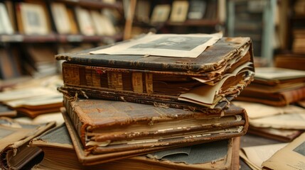 Stack of Old Books on Table - obrazy, fototapety, plakaty