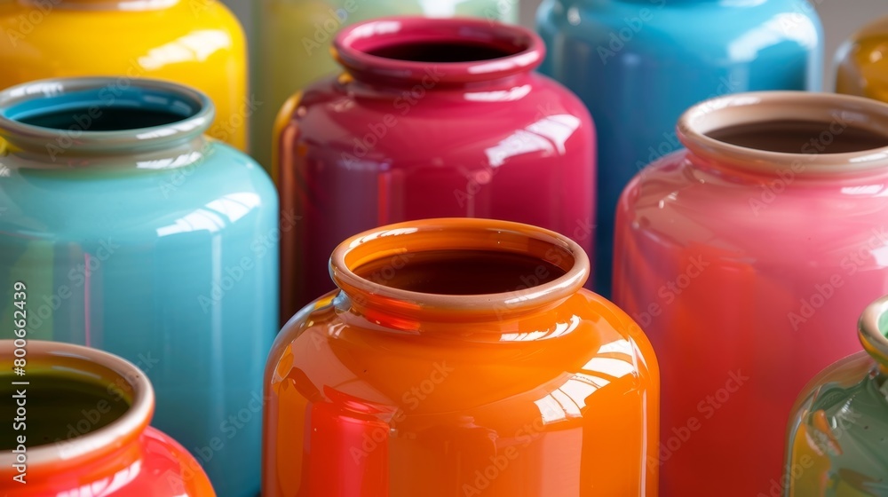 Poster a set of handpainted ceramic e jars in bold and bright colors perfect for adding a pop of color to a