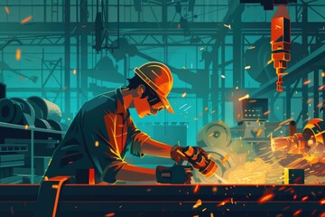 A man in a hard hat working on a piece of metal. Suitable for industrial concepts