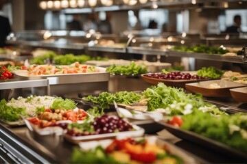 Obraz premium 'salatbuffet einer kantine eine frau bedient sich einem salad bar vegetarian vitamin dish food canteen healthy health green take vegan woman'