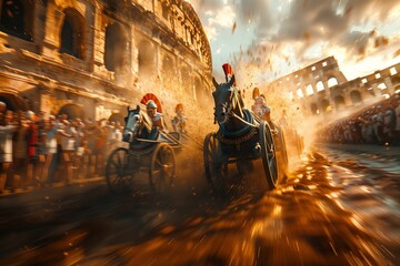 High-Octane Action Photography. Chariot Racing at Sunset. Sunlit Roman Chariot Race with Dust Flying and Crowd Cheering.