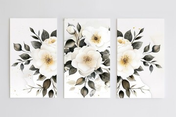 Three beautiful white flower paintings on a white wall. Ideal for interior design projects