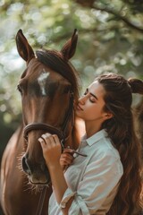 A woman standing next to a brown horse, suitable for various equestrian and outdoor themes