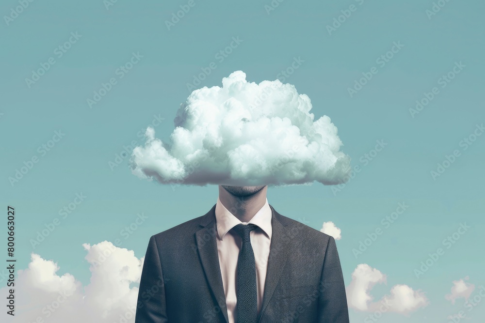 Poster a man wearing a suit with a cloud hovering above his head. suitable for business concepts