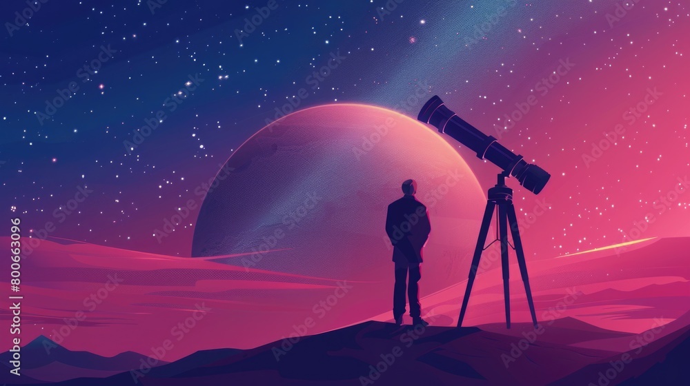 Poster a man observing stars through a telescope. suitable for educational and astronomy-related projects
