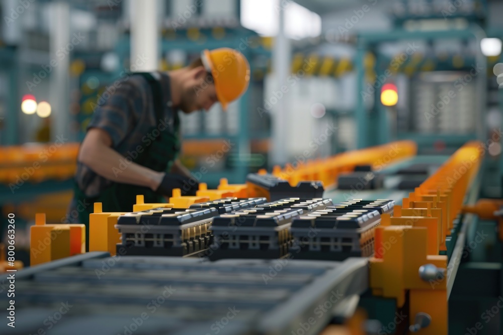 Poster a man working on a conveyor belt in a factory. suitable for industrial concepts