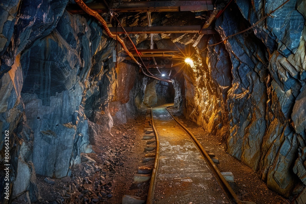 Poster a train moving through a dark tunnel. suitable for transportation concepts