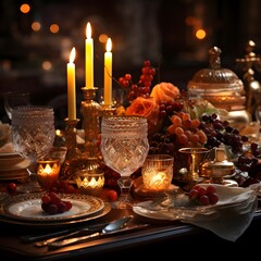 Table setting for christmas dinner in dark room with candles and fruits