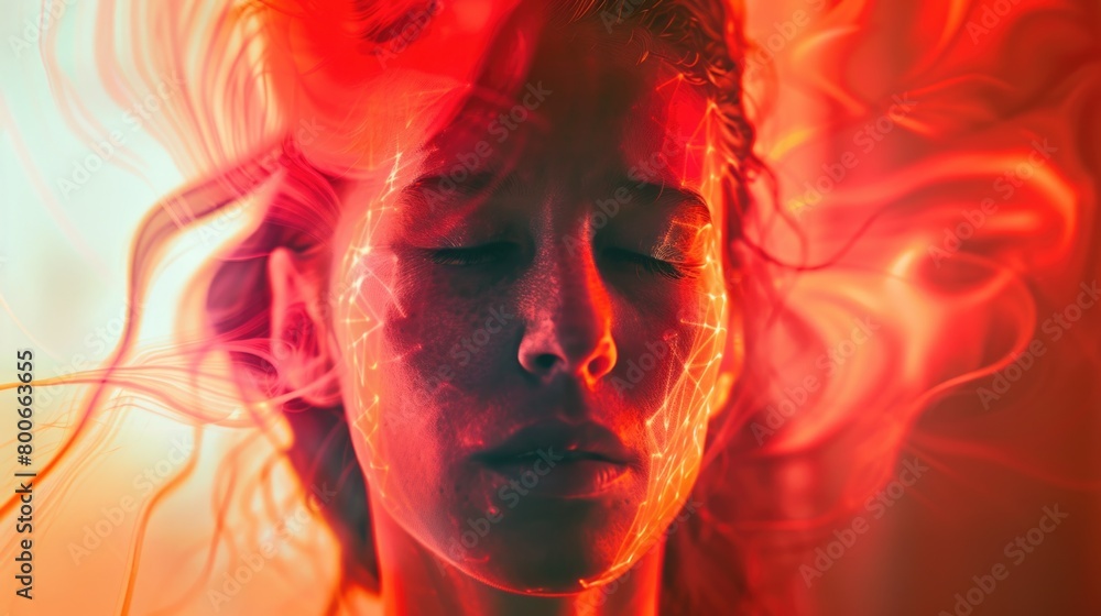 Aufkleber a serene image of a woman with her eyes closed and hair blowing in the wind. suitable for various pr