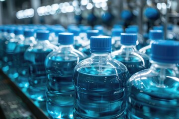 Bottled water bottles on a conveyor belt. Perfect for industrial, manufacturing, or production concepts
