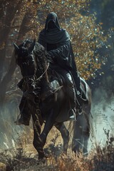 Fototapeta premium A person riding a horse in a scenic wooded area. Great for outdoor and nature-themed designs