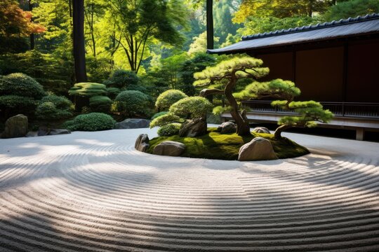 Serene Japanese garden with raked sand and bonsai trees