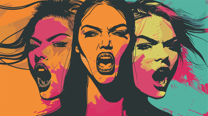 Portrait of beautiful aggressive women on color background