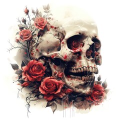 expressive illustration of a skull with red roses on a white background
