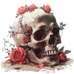 expressive illustration of a skull with red roses on a white background