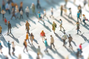 Miniature figures walking across a city street, ideal for urban scenes