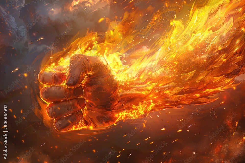 Poster a powerful fist with flames bursting out of it. perfect for dynamic and energetic designs