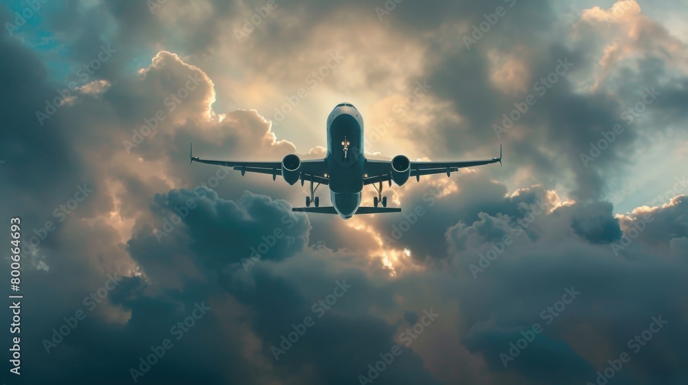 Poster a large jetliner soaring through the cloudy sky. suitable for travel and transportation themes