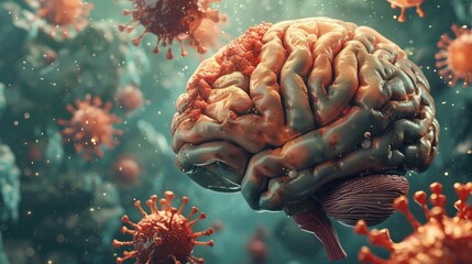 Obraz premium A brain surrounded by viruses, suitable for medical and scientific concepts
