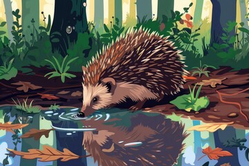 Cute hedgehog quenching thirst at pond, perfect for nature and animal themes - obrazy, fototapety, plakaty
