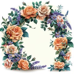 floral arch dome shaped with patterns of roses, lavender, and jasmine, along with natural green leaves and branches, with vibrant colors and white background