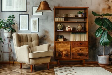 A simple and inviting living room with a chair and book shelf. Ideal for interior design concepts