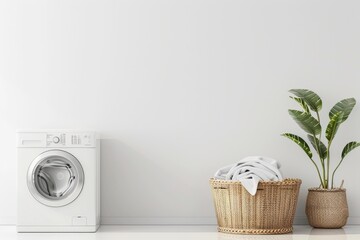 A white washer next to a green plant, suitable for household or gardening concepts
