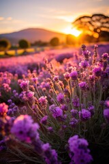 Fototapeta premium Vibrant Lavender Field at Sunset