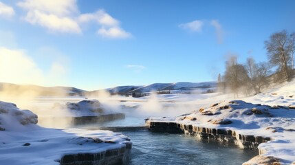 Obraz premium Serene winter landscape with steaming hot springs