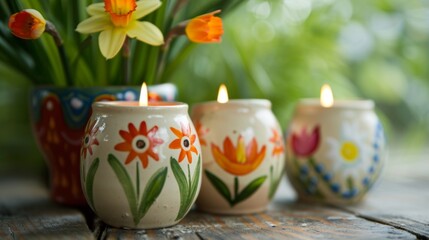 A set of handpainted tea light holders each featuring a different spring flower daisies tulips and daffodils a cheerful way to bring the season indoors..