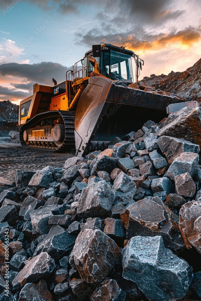 Aufkleber a bulldozer sitting on top of a pile of rocks. can be used for construction projects