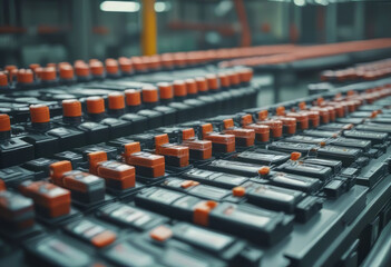 Obraz premium Electric vehicle battery mass production line, advanced robotic advanced production,