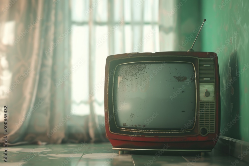 Poster an old television set placed in front of a window. suitable for home decor or retro design projects