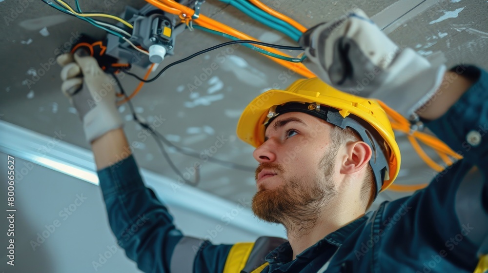 Aufkleber a man in a hard hat working on electrical wires. suitable for construction and electrical work conce