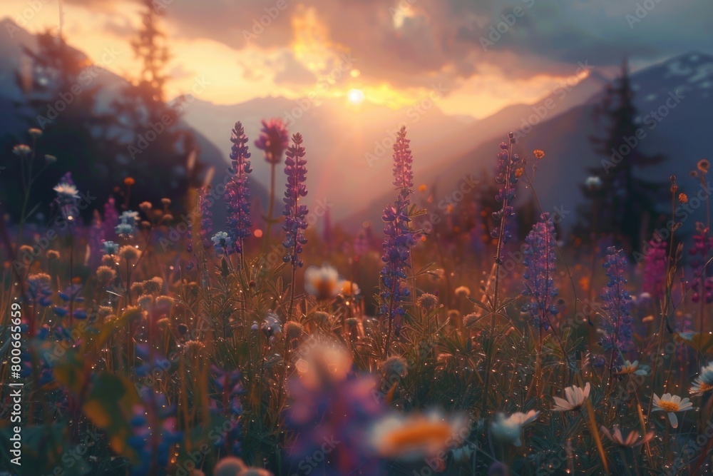 Poster beautiful field of wildflowers with the sun setting in the background. ideal for nature and landscap