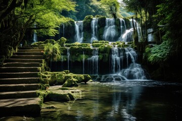 Naklejka premium Lush Waterfall Cascading Through Mossy Rocks