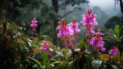 Vibrant Orchids in Tropical Rainforest