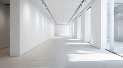 wide empty white walls in a hallway in a modern office with bright natural light and neutral tones