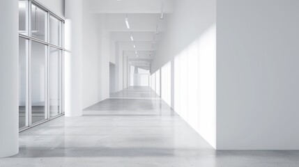 wide empty white walls in a hallway in a modern office with bright natural light and neutral tones