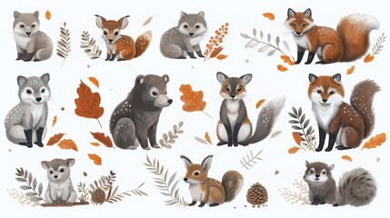vector illustration with forest animals on a white background. Bear deer rabbit wolf owl squirrel fox deer hedgehog wild boar