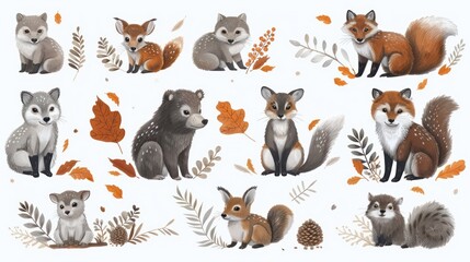 Fototapeta premium vector illustration with forest animals on a white background. Bear deer rabbit wolf owl squirrel fox deer hedgehog wild boar