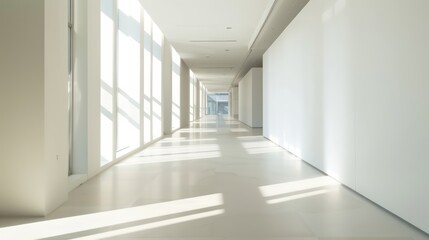 Fototapeta premium wide empty white walls in a hallway in a modern office with bright natural light and neutral tones