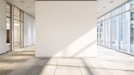 wide empty white walls in a hallway in a modern office with bright natural light and neutral tones