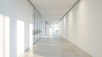 wide empty white walls in a hallway in a modern office with bright natural light and neutral tones