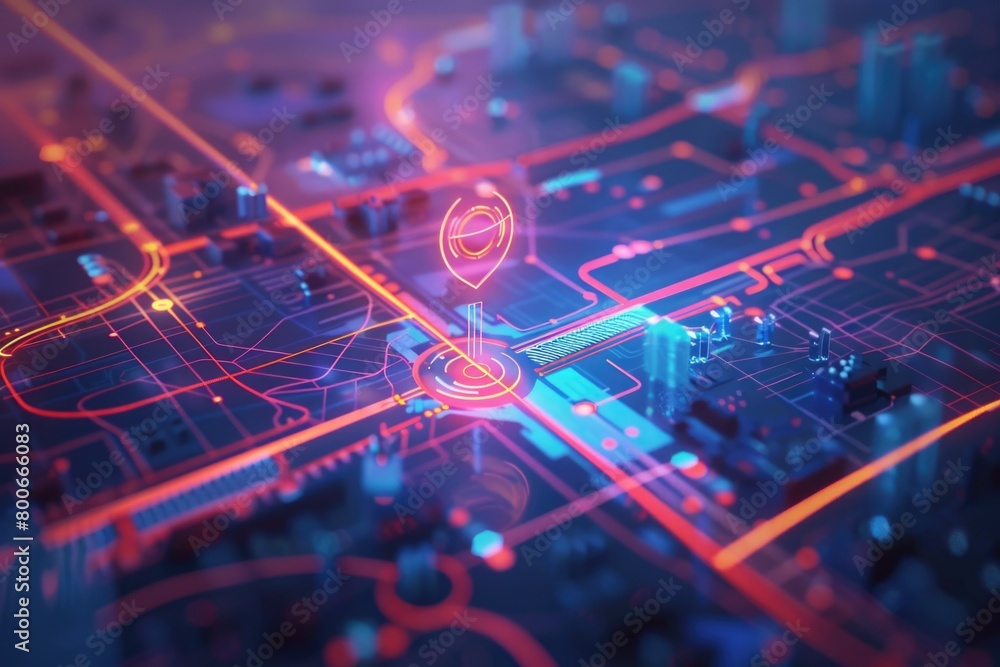 Aufkleber close up of a circuit board with a city in the background. suitable for technology and urban themes