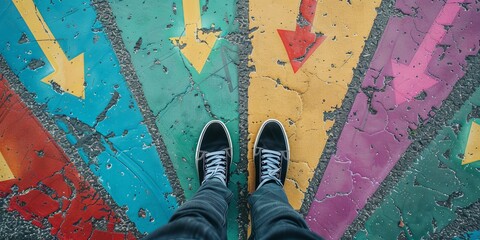 a person standing on the asphalt with colorful arrows pointing in different directions, symbolizing various options