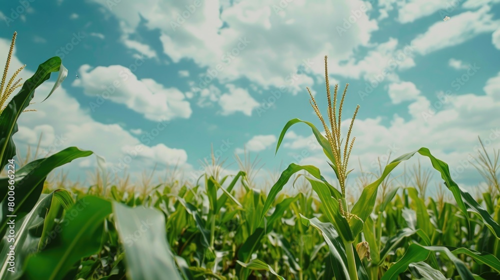 Poster a scenic view of a corn field with a clear blue sky in the background. suitable for agricultural con