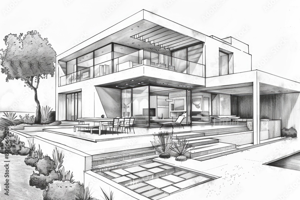 Poster a drawing of a modern house with a pool. suitable for real estate or architecture concepts